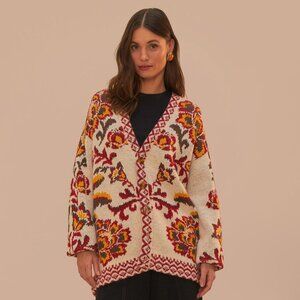 FARM RIO cream toucans scarf knit cardigan
